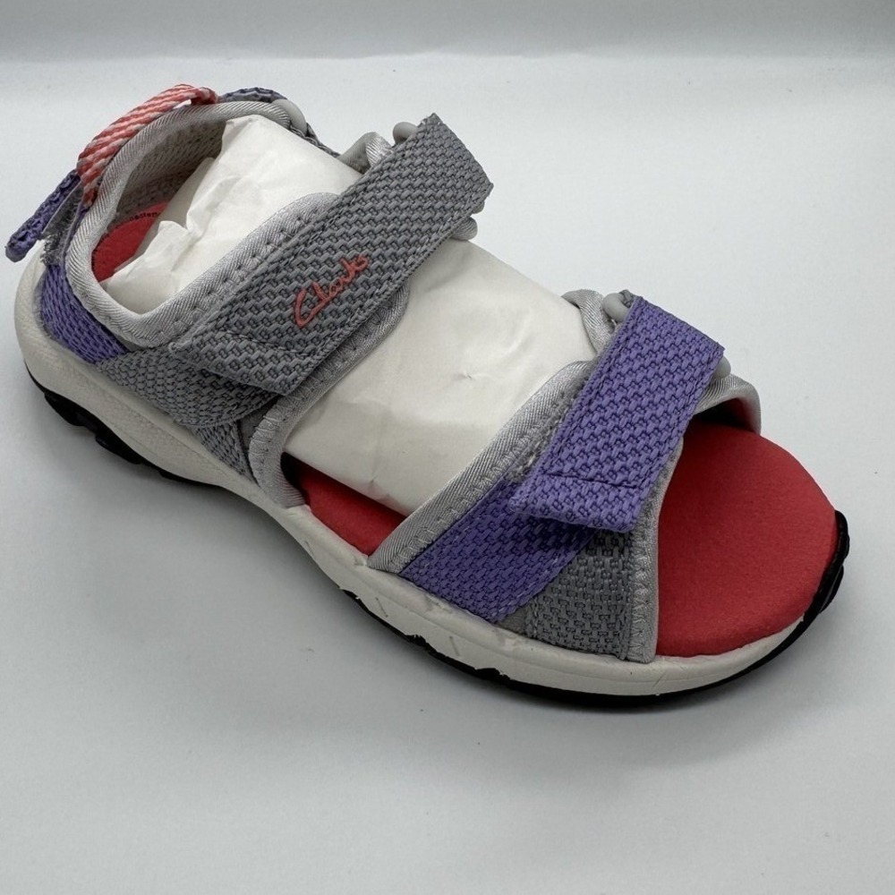 Clarks Kids Expo SQ Sandals Size 9.5 Grey Purple Pink Hook Loop Adjustable Sport